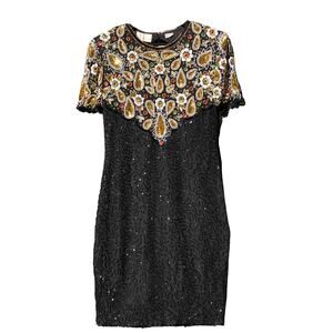 Vintage Fully Beaded Black and Silver Silk Party Dress, 1980s Glamour